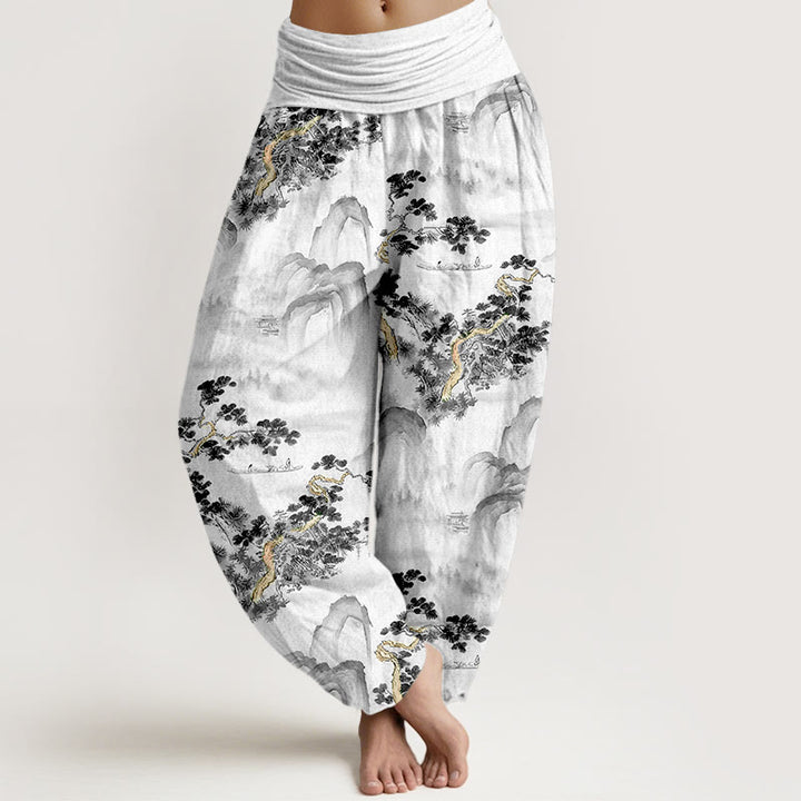 Pantalon harem femme en pur coton, taille élastique, imprimé Buddha Stones, pins et montagnes - Noir - US16，UK/AU20，EU48 (3XL) - image 5