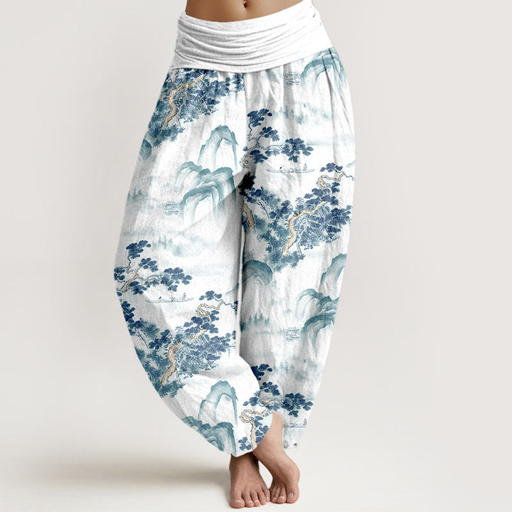 Pantalon harem femme en pur coton, taille élastique, imprimé Buddha Stones, pins et montagnes - Bleu ciel - US16，UK/AU20，EU48 (3XL) - image 8