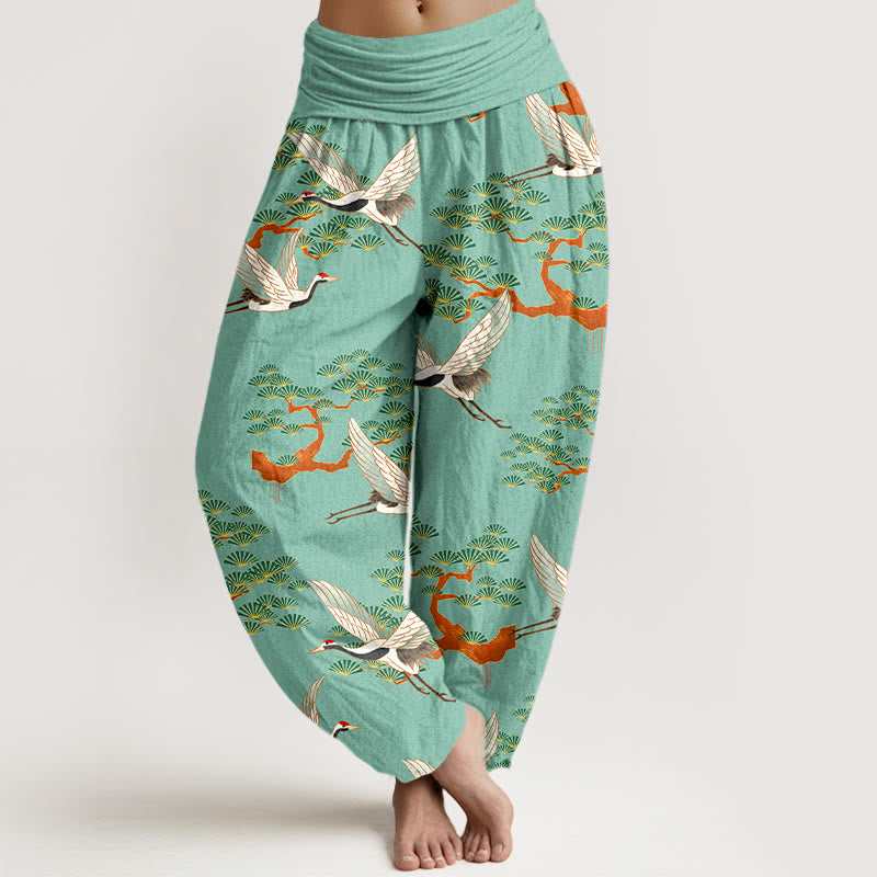 Pantalon harem femme en pur coton, imprimé Buddha Stones , pin et grue, taille élastique - Vert mer moyen - US16，UK/AU20，EU48 (3XL) - image 5