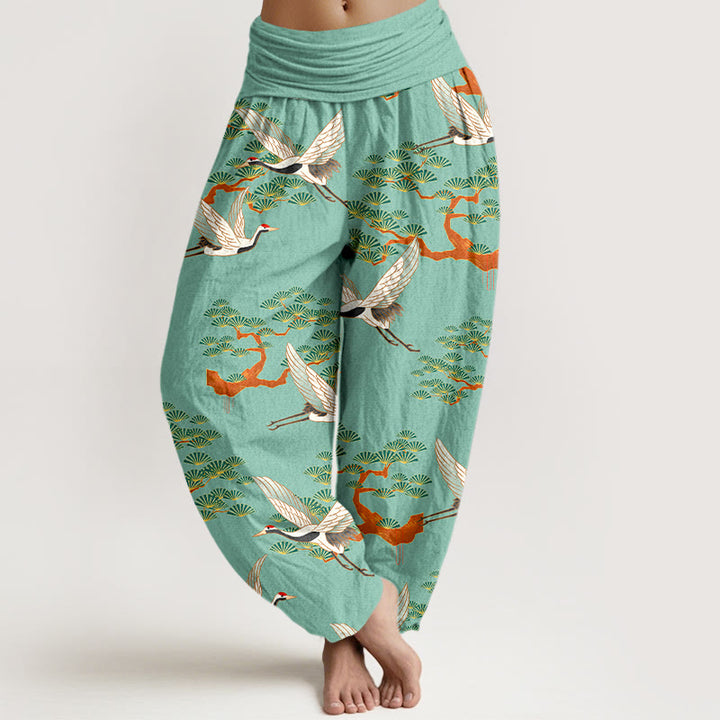 Pantalon harem femme en pur coton, imprimé Buddha Stones , pin et grue, taille élastique - Vert mer moyen - US16，UK/AU20，EU48 (3XL) - image 5