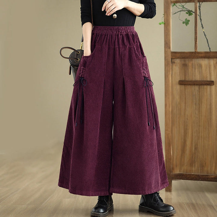 Pantalon en velours côtelé à jambes larges, couleur unie, avec cordon de serrage et poches, pour femme, de la Buddha Stones. - Magenta foncé - US8-10，UK/AU12-14，EU40-42 (2XL) - image 0
