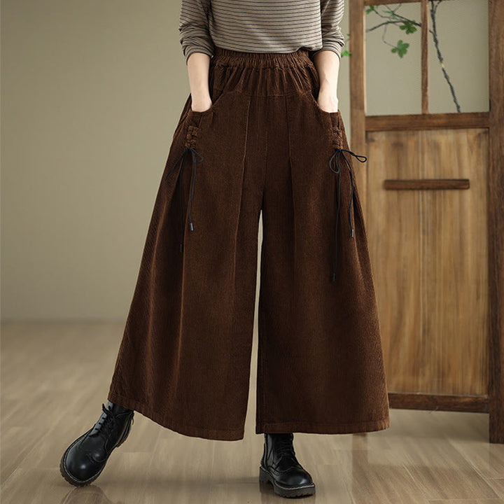 Pantalon en velours côtelé à jambes larges, couleur unie, avec cordon de serrage et poches, pour femme, de la Buddha Stones. - SaddleBrown - US8-10，UK/AU12-14，EU40-42 (2XL) - image 16