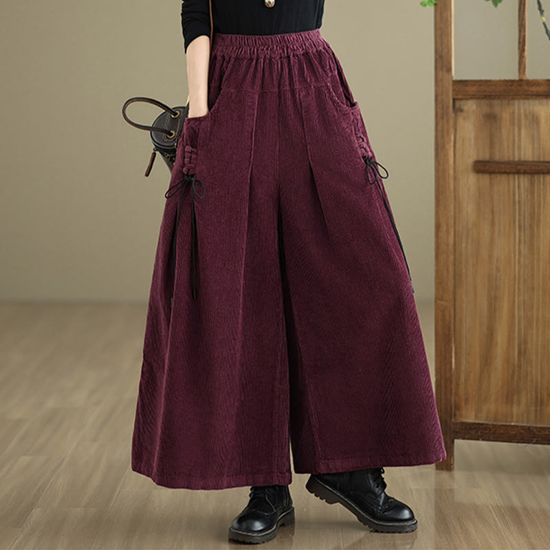 Pantalon en velours côtelé à jambes larges, couleur unie, avec cordon de serrage et poches, pour femme, de la Buddha Stones. - image 4