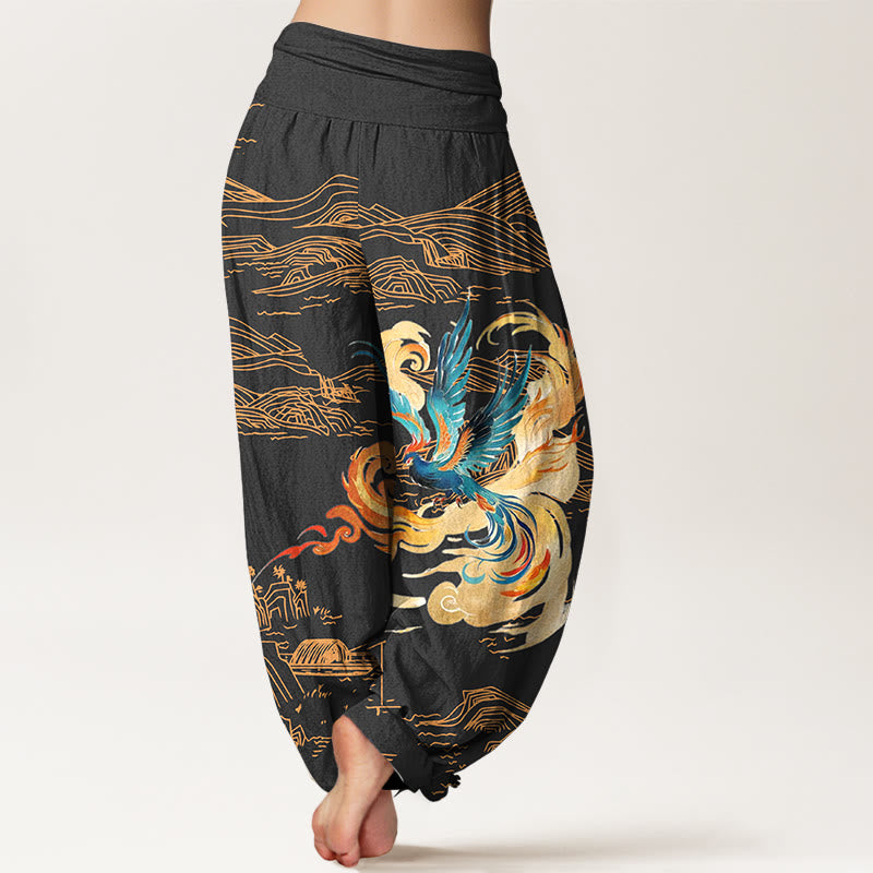 Pantalon harem en pur coton à taille élastique pour femme, motif paysage de montagnes et Buddha Stones - image 1