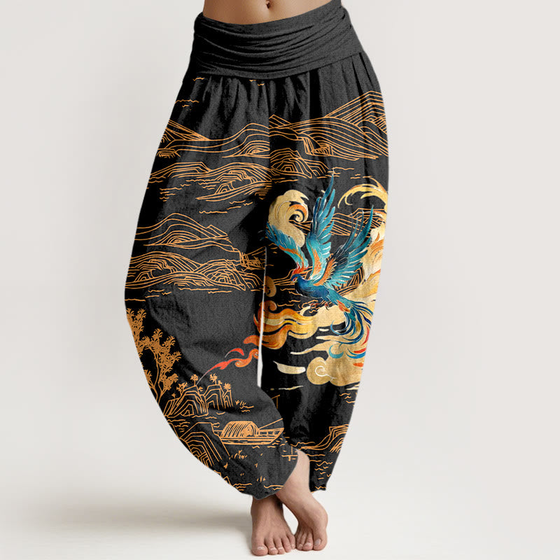 Pantalon harem en pur coton à taille élastique pour femme, motif paysage de montagnes et Buddha Stones - Noir - US16，UK/AU20，EU48 (3XL) - image 0
