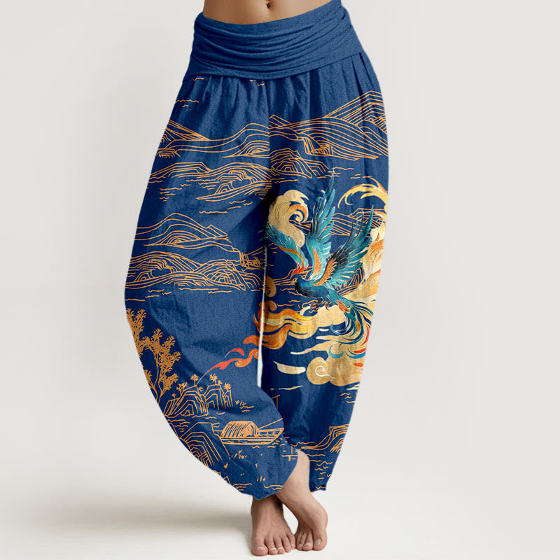 Pantalon harem en pur coton à taille élastique pour femme, motif paysage de montagnes et Buddha Stones - Bleu moyen - US16，UK/AU20，EU48 (3XL) - image 8