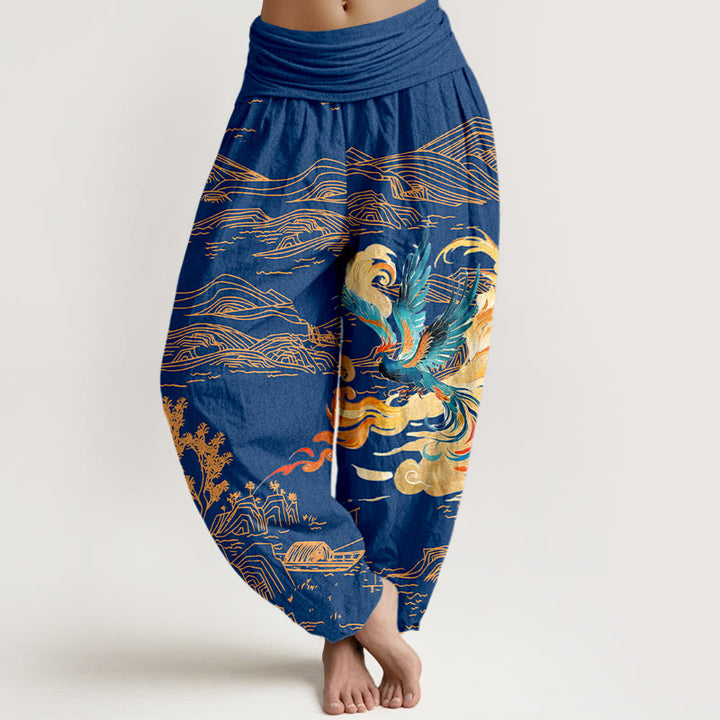 Pantalon harem en pur coton à taille élastique pour femme, motif paysage de montagnes et Buddha Stones - Bleu moyen - US16，UK/AU20，EU48 (3XL) - image 8