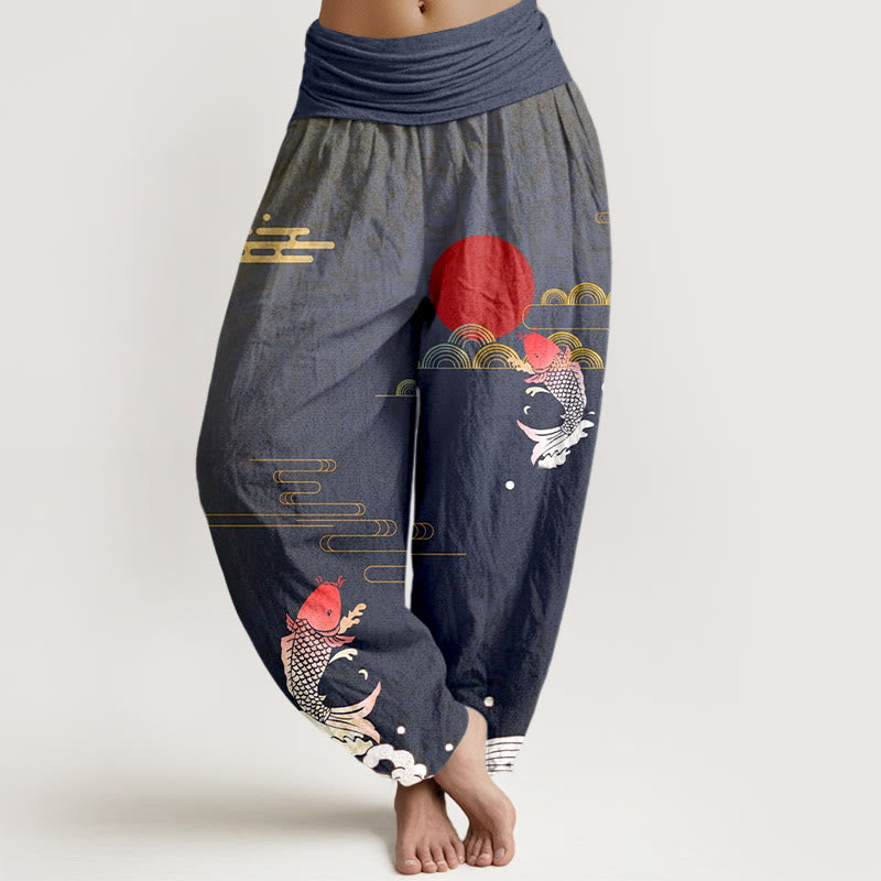 Pantalon harem en pur coton à taille élastique pour femme , Buddha Stones, carpes koï, soleil rouge, vagues et nuages - Gris ardoise clair - US16，UK/AU20，EU48 (3XL) - image 0