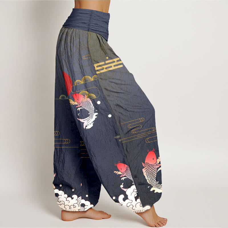Pantalon harem en pur coton à taille élastique pour femme , Buddha Stones, carpes koï, soleil rouge, vagues et nuages - image 2