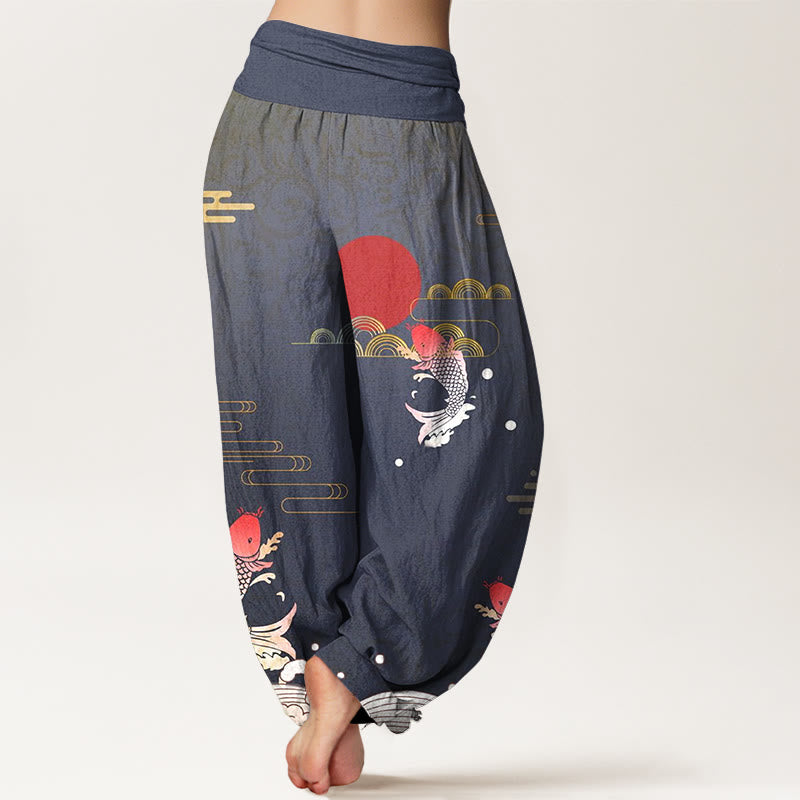 Pantalon harem en pur coton à taille élastique pour femme , Buddha Stones, carpes koï, soleil rouge, vagues et nuages - image 1