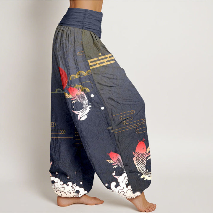 Pantalon harem en pur coton à taille élastique pour femme , Buddha Stones, carpes koï, soleil rouge, vagues et nuages - image 2