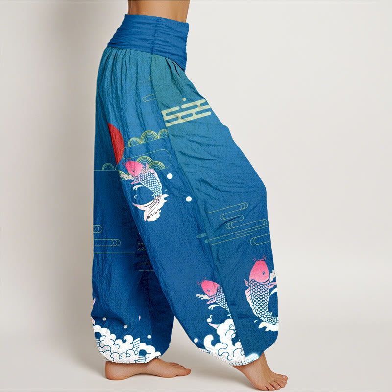 Pantalon harem en pur coton à taille élastique pour femme , Buddha Stones, carpes koï, soleil rouge, vagues et nuages - image 7