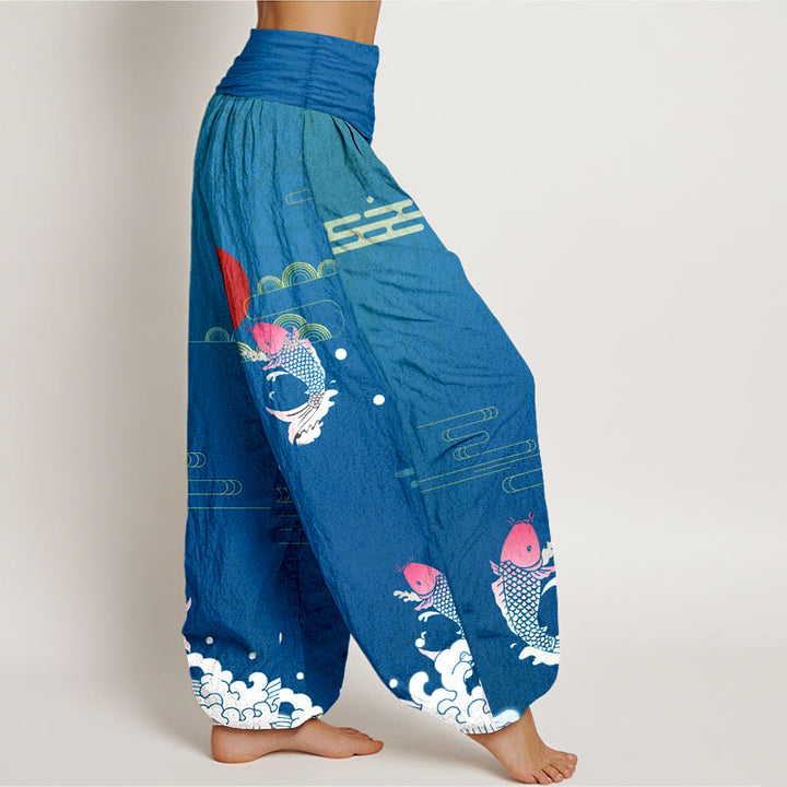 Pantalon harem en pur coton à taille élastique pour femme , Buddha Stones, carpes koï, soleil rouge, vagues et nuages - image 7