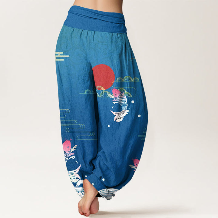 Pantalon harem en pur coton à taille élastique pour femme , Buddha Stones, carpes koï, soleil rouge, vagues et nuages - image 6