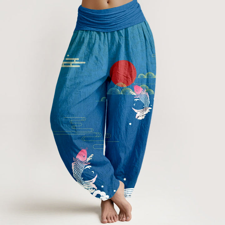Pantalon harem en pur coton à taille élastique pour femme , Buddha Stones, carpes koï, soleil rouge, vagues et nuages - SteelBlue - US16，UK/AU20，EU48 (3XL) - image 5
