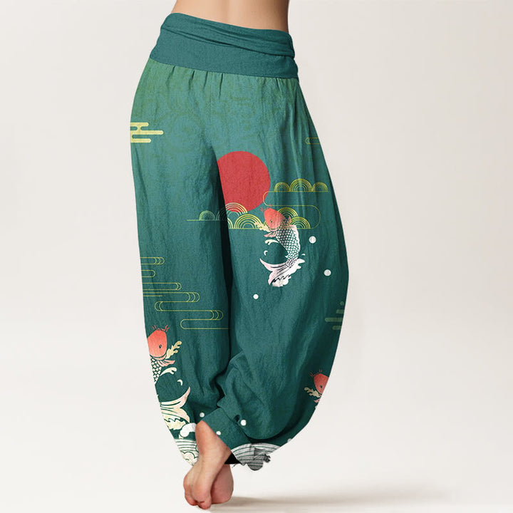 Pantalon harem en pur coton à taille élastique pour femme , Buddha Stones, carpes koï, soleil rouge, vagues et nuages - image 9