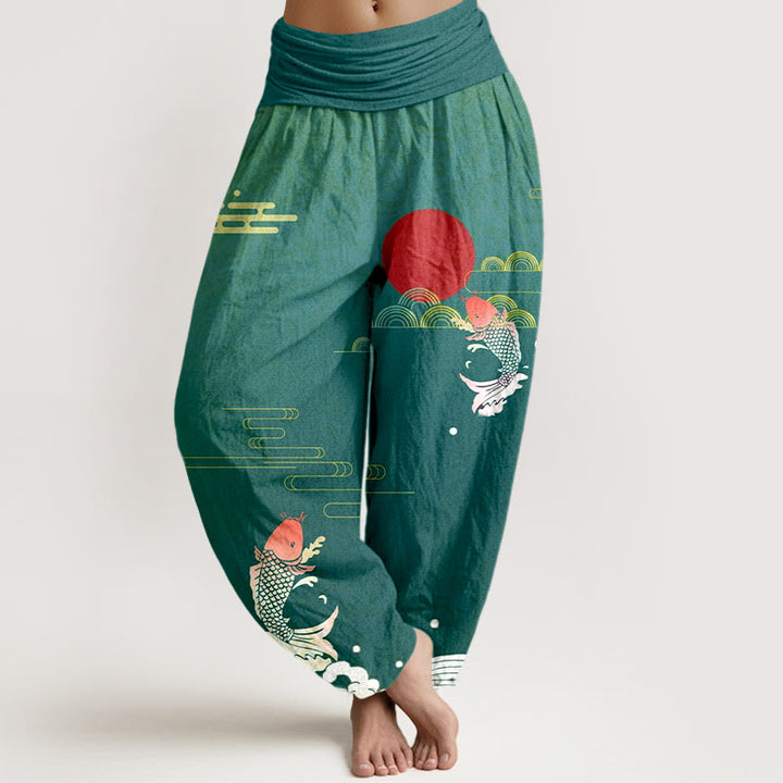 Pantalon harem en pur coton à taille élastique pour femme , Buddha Stones, carpes koï, soleil rouge, vagues et nuages - DarkCyan - US16，UK/AU20，EU48 (3XL) - image 8
