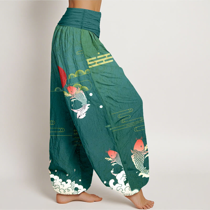 Pantalon harem en pur coton à taille élastique pour femme , Buddha Stones, carpes koï, soleil rouge, vagues et nuages - image 10