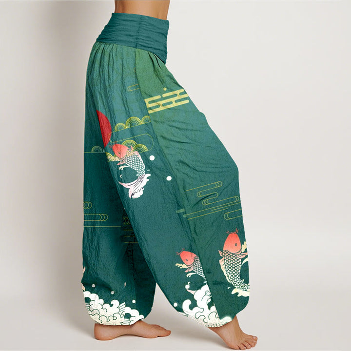 Pantalon harem en pur coton à taille élastique pour femme , Buddha Stones, carpes koï, soleil rouge, vagues et nuages - image 10