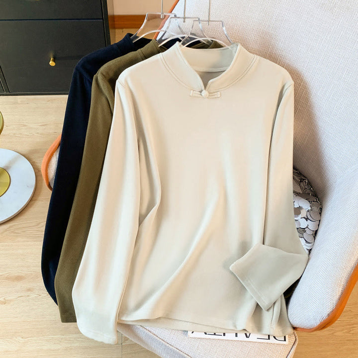 Chemise à manches longues en coton pour femme, motif Buddha Stones , col montant et boutons brandebourg, couleur unie printanière - Blanc antique - US8-10，UK/AU12-14，EU40-42 (2XL) - image 0