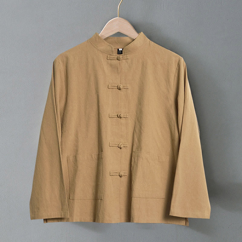 Chemise ethnique en coton à manches longues et col montant pour femme, avec poches et boutons grenouille, motif Buddha Stones - image 1