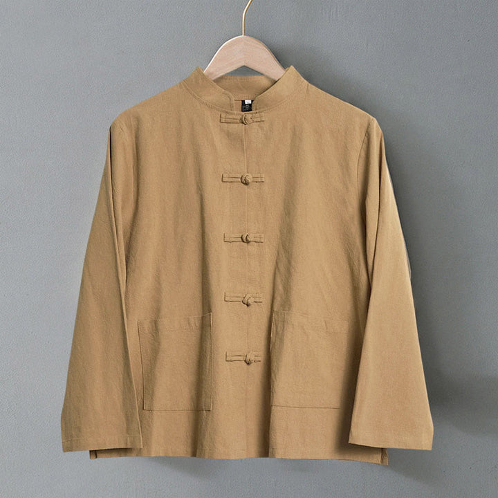 Chemise ethnique en coton à manches longues et col montant pour femme, avec poches et boutons grenouille, motif Buddha Stones - image 1