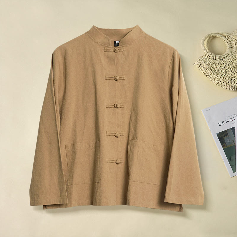 Chemise ethnique en coton à manches longues et col montant pour femme, avec poches et boutons grenouille, motif Buddha Stones - DarkGoldenrod - US8-10，UK/AU12-14，EU40-42 (2XL) - image 0