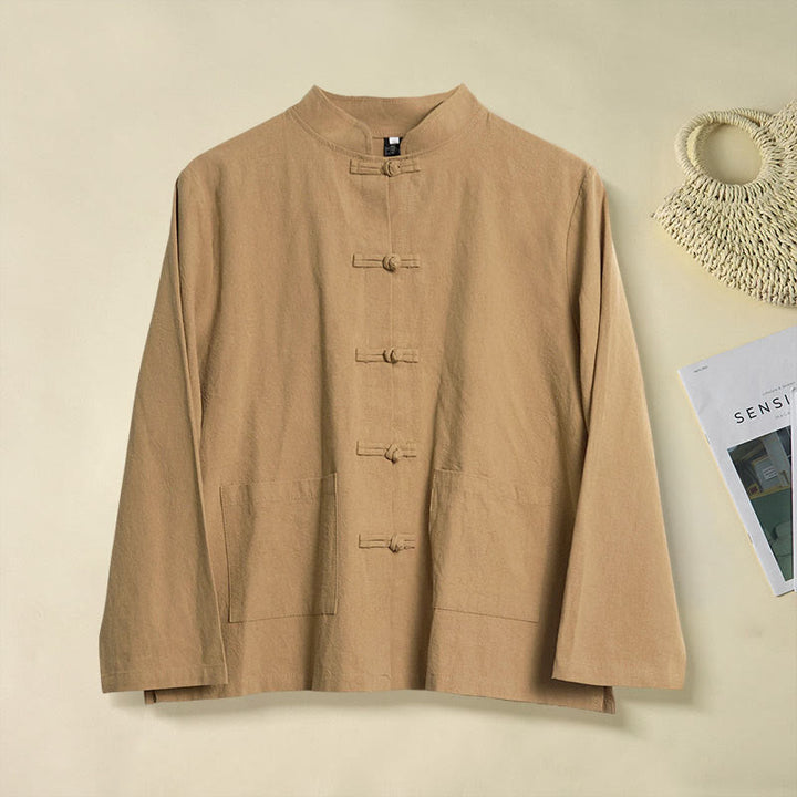 Chemise ethnique en coton à manches longues et col montant pour femme, avec poches et boutons grenouille, motif Buddha Stones - DarkGoldenrod - US8-10，UK/AU12-14，EU40-42 (2XL) - image 0