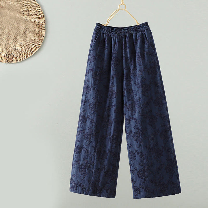 Pantalon thermique à jambes larges et longueur cheville pour femme, en jacquard de coton rembourré, avec poches , Buddha Stones - Bleu nuit - US8-10，UK/AU12-14，EU40-42 (2XL) - image 0