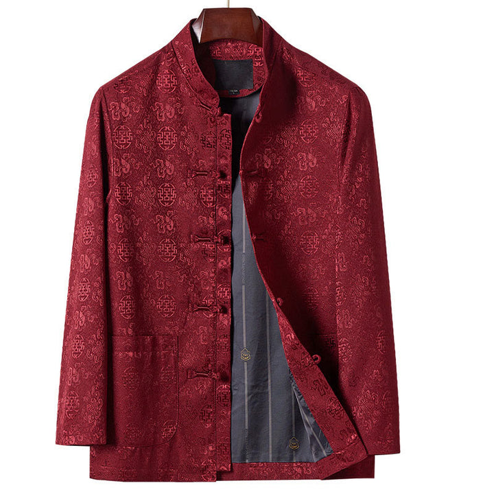 Veste de costume Tang pour homme, à manches longues et col montant, avec poches, motif brodé de Buddha Stones - Rouge foncé - US/UK/AU42，EU52 (3XL) - image 1