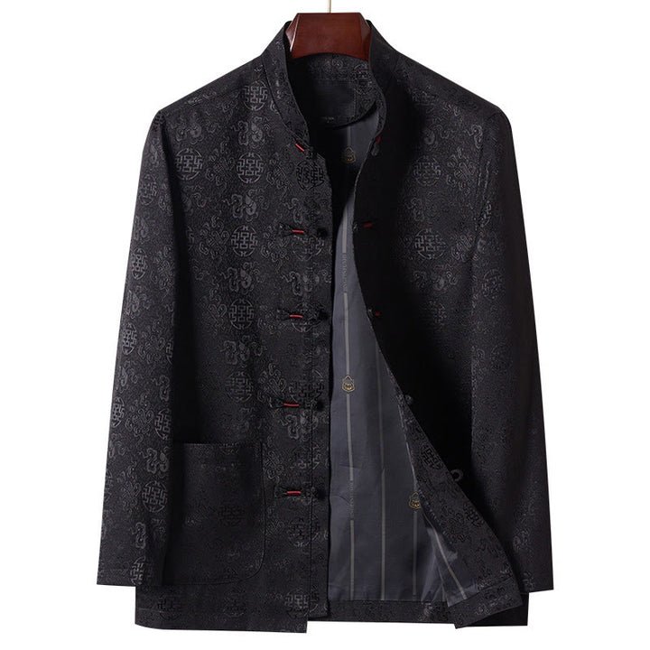 Veste de costume Tang pour homme, à manches longues et col montant, avec poches, motif brodé de Buddha Stones - Noir - US/UK/AU42，EU52 (3XL) - image 11