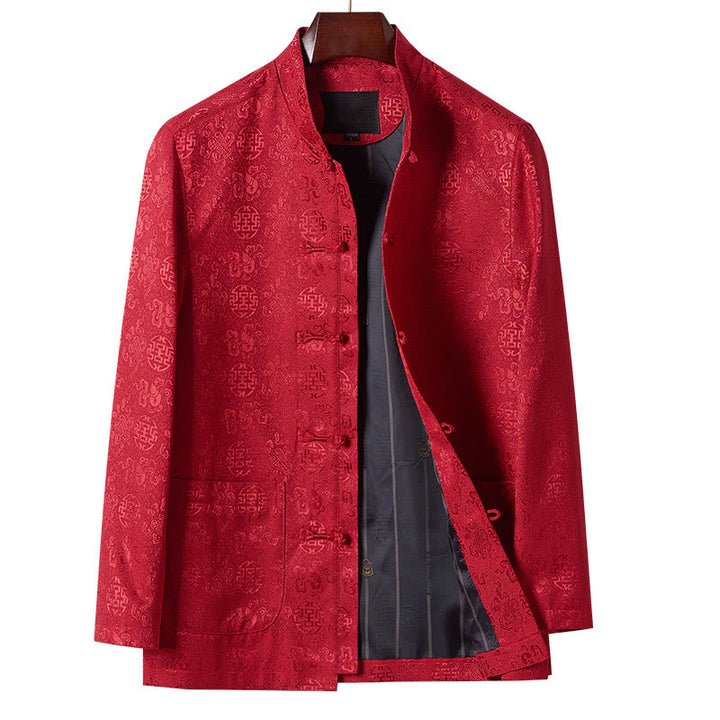 Veste de costume Tang pour homme, à manches longues et col montant, avec poches, motif brodé de Buddha Stones - Rouge - US/UK/AU42，EU52 (3XL) - image 0