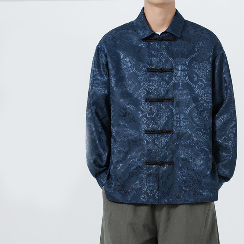 Veste de costume homme à manches longues, col brandebourg, boutons brandebourg et poches, motif jacquard printanier Buddha Stones - Bleu foncé - US/UK/AU46，EU56 (5XL) - image 0