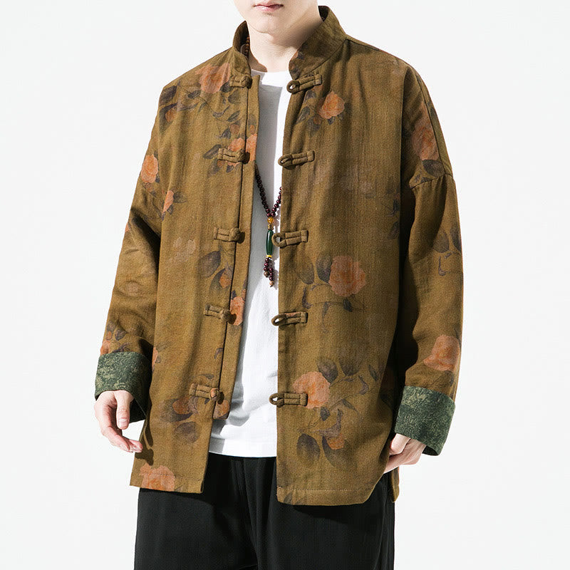 Veste en coton à manches longues pour homme, motif floral printanier imprimé de Buddha Stones, style chinois, avec boutons brandebourg. - DarkGoldenrod - US/UK/AU46，EU56 (5XL) - image 9
