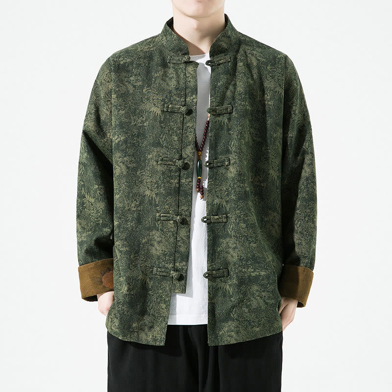 Veste en coton à manches longues pour homme, motif floral printanier imprimé de Buddha Stones, style chinois, avec boutons brandebourg. - Vert foncé - US/UK/AU46，EU56 (5XL) - image 0