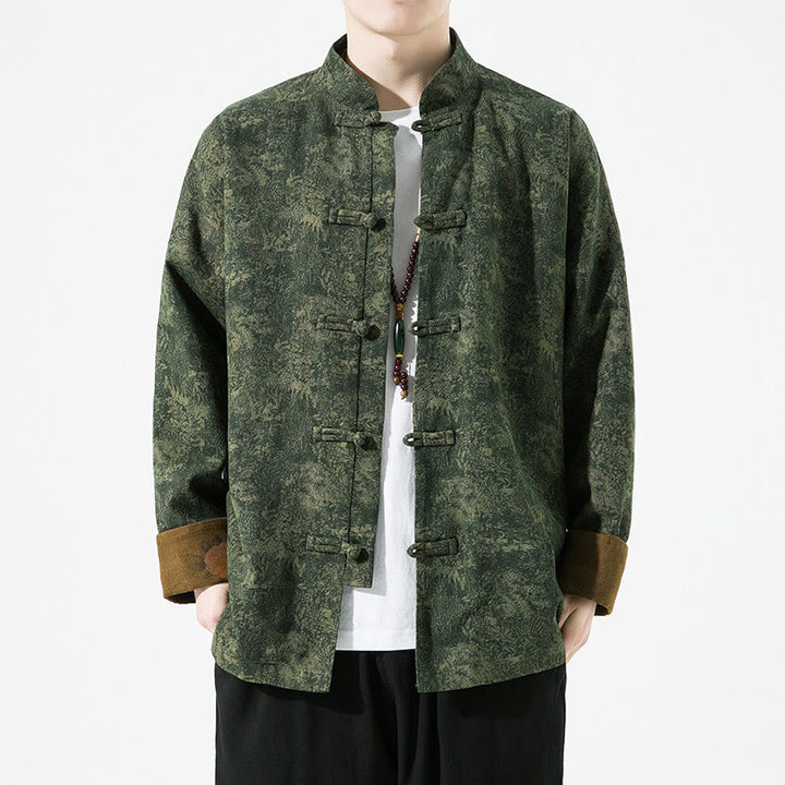 Veste en coton à manches longues pour homme, motif floral printanier imprimé de Buddha Stones, style chinois, avec boutons brandebourg. - Vert foncé - US/UK/AU46，EU56 (5XL) - image 0