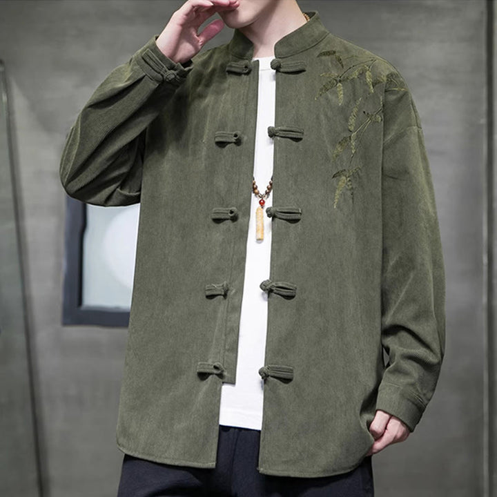 Veste en velours côtelé de coton à manches longues pour homme, brodée de motifs de Buddha Stones et de bambou, avec boutons brandebourg. - image 1