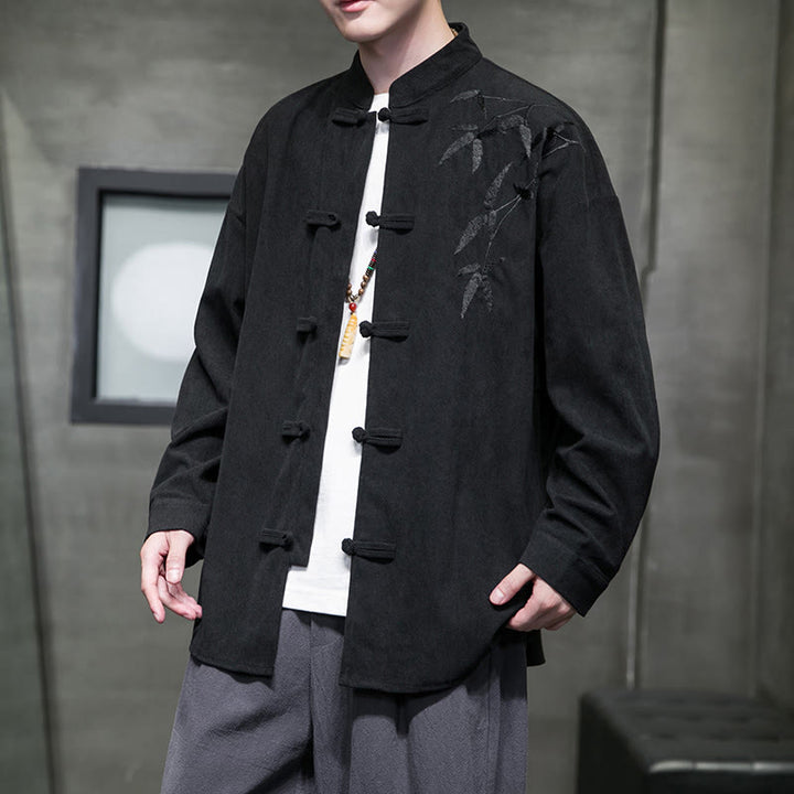 Veste en velours côtelé de coton à manches longues pour homme, brodée de motifs de Buddha Stones et de bambou, avec boutons brandebourg. - Noir - US/UK/AU48，EU58(5XL) - image 28