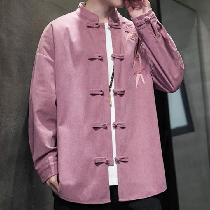 Veste en velours côtelé de coton à manches longues pour homme, brodée de motifs de Buddha Stones et de bambou, avec boutons brandebourg. - image 22