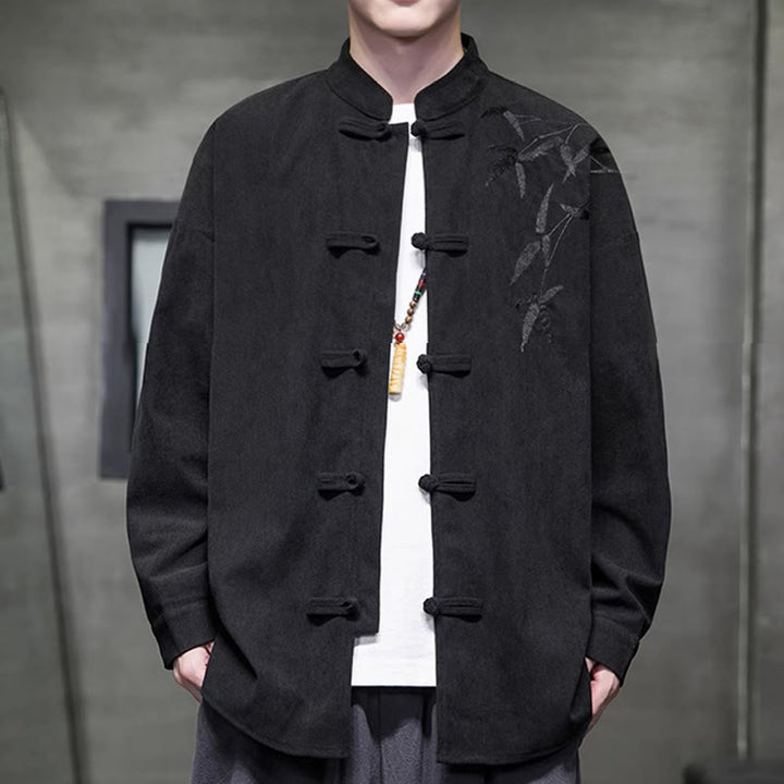 Veste en velours côtelé de coton à manches longues pour homme, brodée de motifs de Buddha Stones et de bambou, avec boutons brandebourg. - image 31