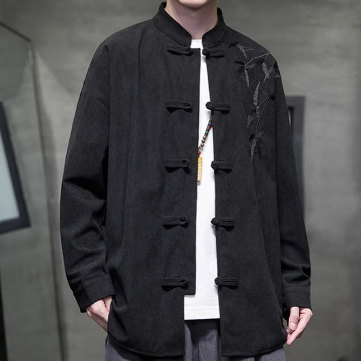 Veste en velours côtelé de coton à manches longues pour homme, brodée de motifs de Buddha Stones et de bambou, avec boutons brandebourg. - image 32