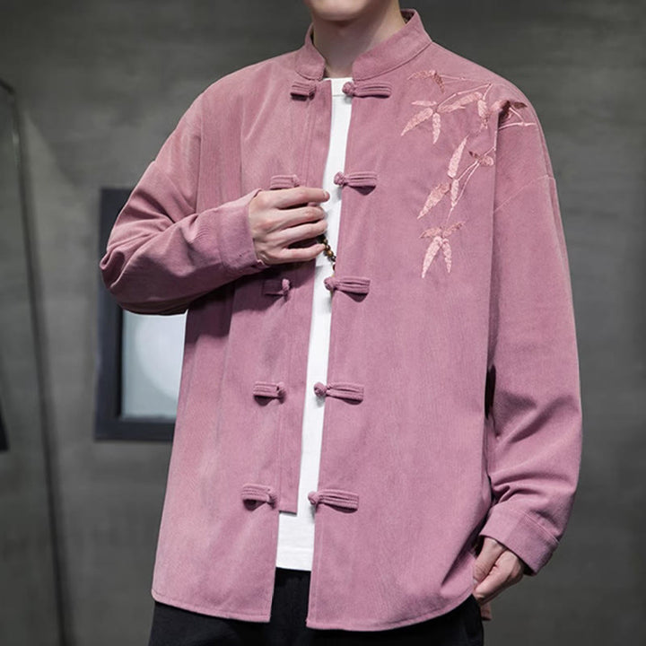 Veste en velours côtelé de coton à manches longues pour homme, brodée de motifs de Buddha Stones et de bambou, avec boutons brandebourg. - image 23