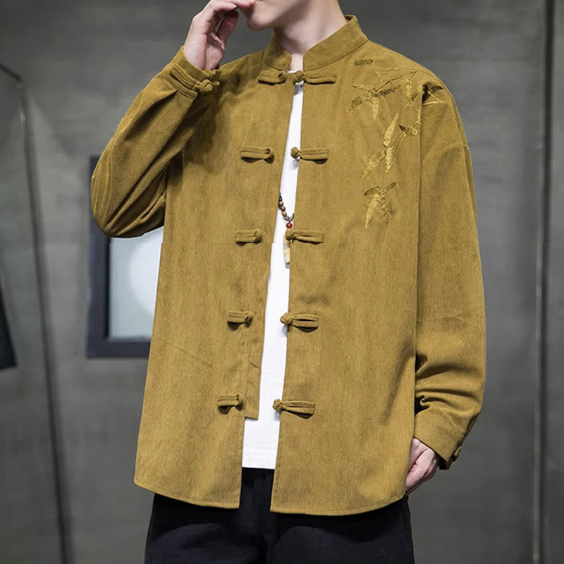 Veste en velours côtelé de coton à manches longues pour homme, brodée de motifs de Buddha Stones et de bambou, avec boutons brandebourg. - image 8