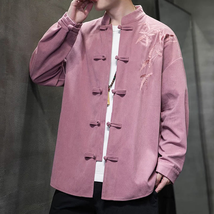 Veste en velours côtelé de coton à manches longues pour homme, brodée de motifs de Buddha Stones et de bambou, avec boutons brandebourg. - image 26