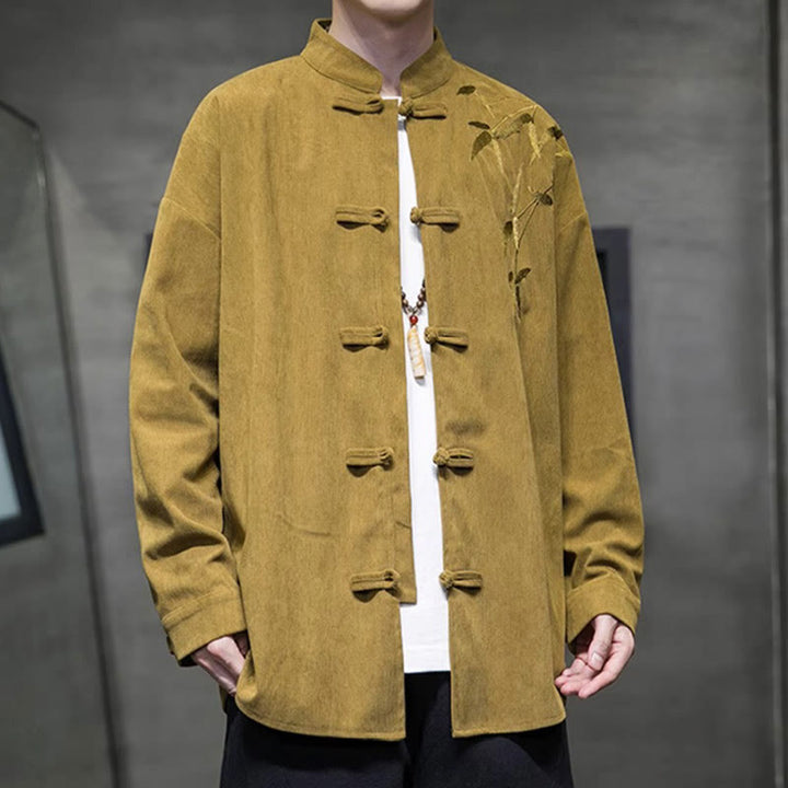 Veste en velours côtelé de coton à manches longues pour homme, brodée de motifs de Buddha Stones et de bambou, avec boutons brandebourg. - image 10
