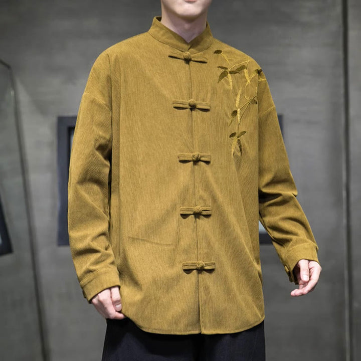 Veste en velours côtelé de coton à manches longues pour homme, brodée de motifs de Buddha Stones et de bambou, avec boutons brandebourg. - image 14