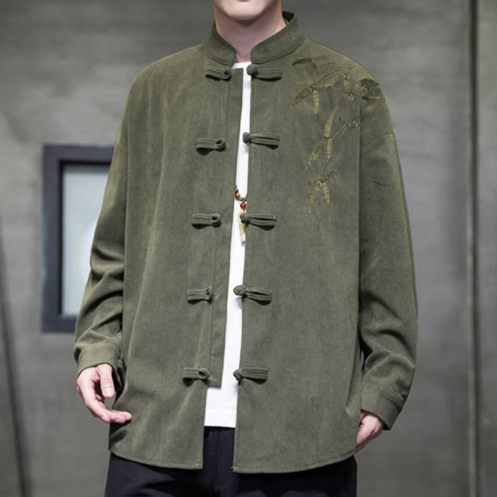 Veste en velours côtelé de coton à manches longues pour homme, brodée de motifs de Buddha Stones et de bambou, avec boutons brandebourg. - image 3