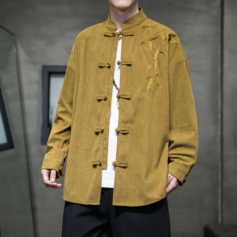 Veste en velours côtelé de coton à manches longues pour homme, brodée de motifs de Buddha Stones et de bambou, avec boutons brandebourg. - verge d'or - US/UK/AU48，EU58(5XL) - image 7