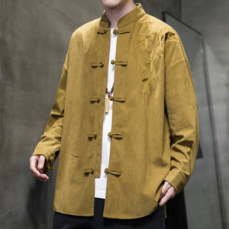 Veste en velours côtelé de coton à manches longues pour homme, brodée de motifs de Buddha Stones et de bambou, avec boutons brandebourg. - image 12