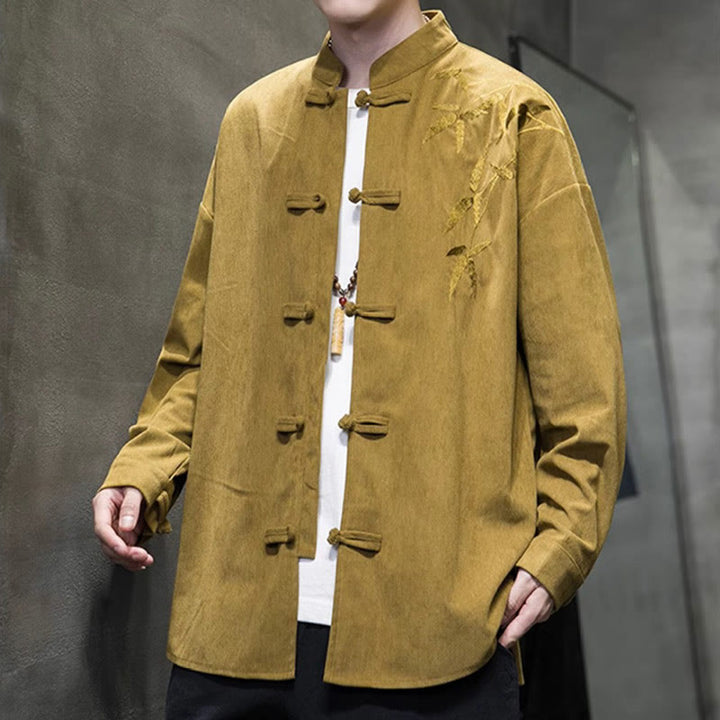 Veste en velours côtelé de coton à manches longues pour homme, brodée de motifs de Buddha Stones et de bambou, avec boutons brandebourg. - image 12